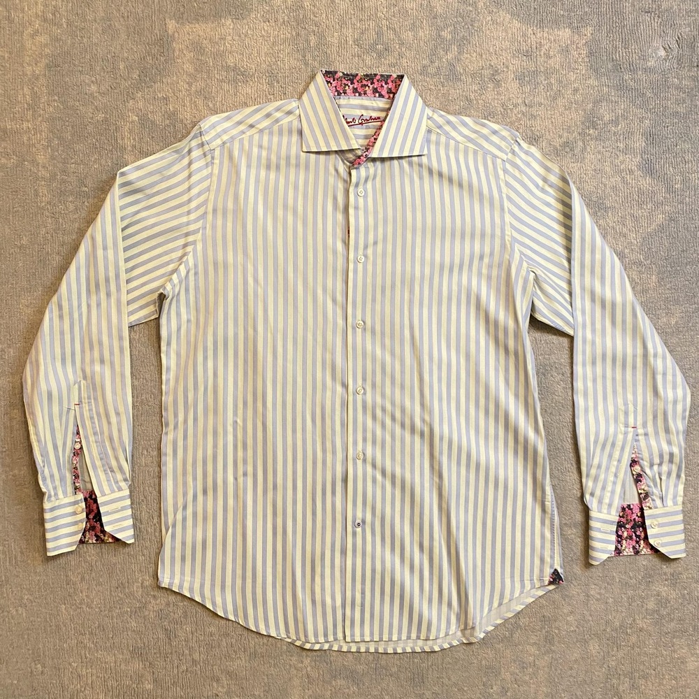 Robert Graham Shirt Mens Large Blue Stripe Long Sleeve Button Up Cotton Floral
